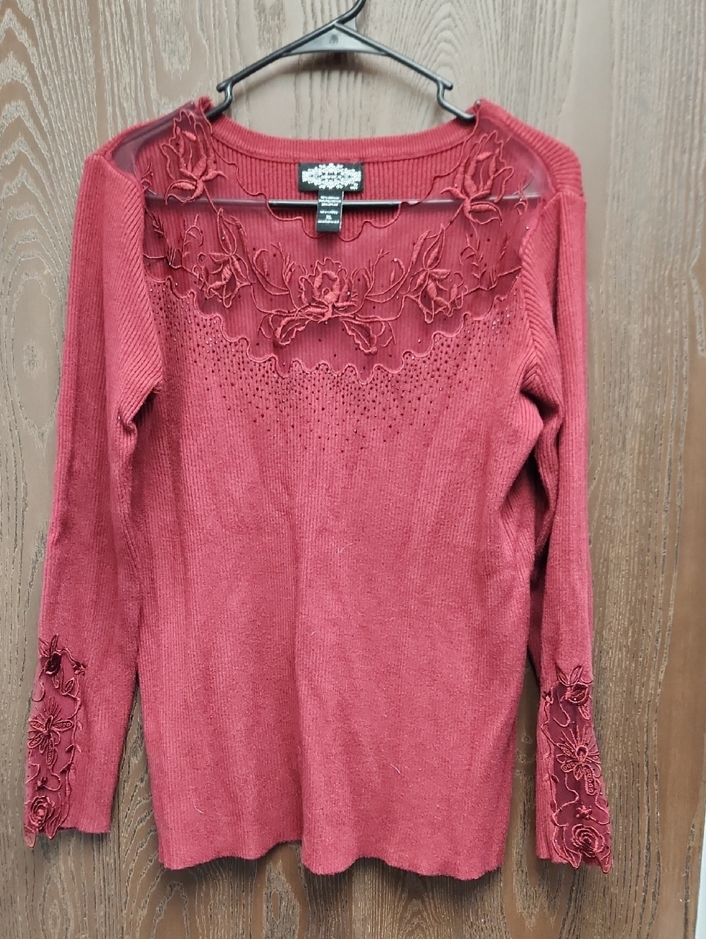 Women's Red Embroidered Long-Sleeve Top with Sheer Yoke